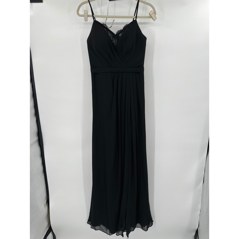 Azazie‎ Black Chiffon Lace Trim Pleated Surplice Maxi Formal Gown Dress A8